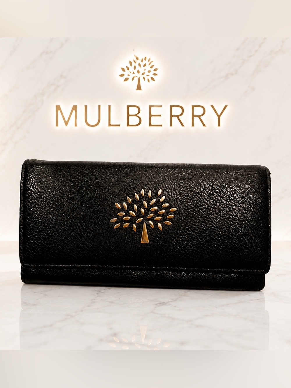 Mulberry Black Leather Continental Wallet with Gold Tree Motif